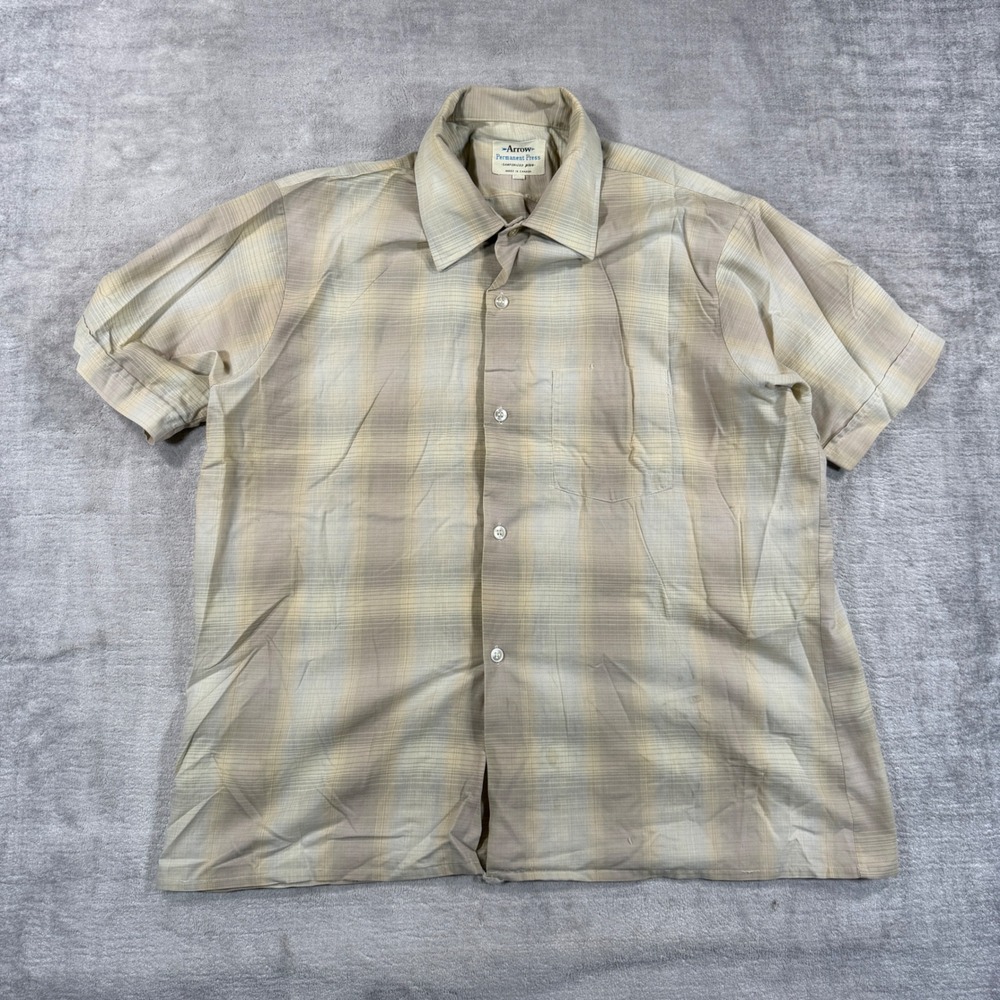 Vintage Arrow Shirt Mens Large Beige Plaid 1950s Permanent Press Button Down